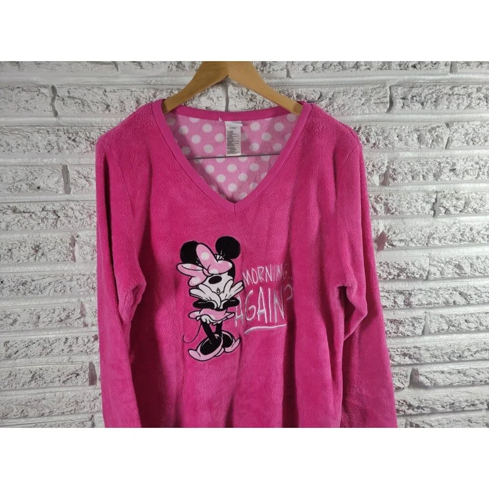 Disney Minnie Mouse Women's XL Pajama Top Pink V-Neck Long Sleeve Fleece NOV219E - Picture 3 of 7